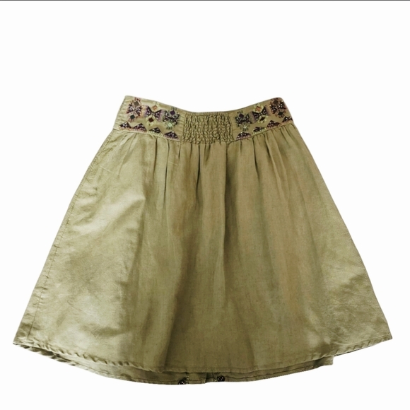 Maeve Anthropologie A-Line Cotton Linen Embroidered Utility Skirt, Green, Size 6 - Picture 2 of 11